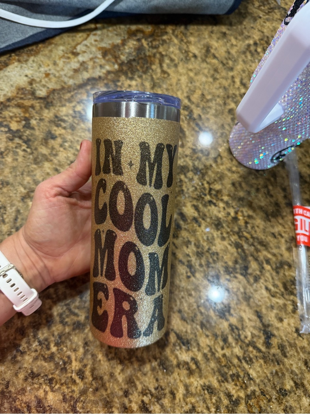 NEW - Glitter Gold 'In My Cool Mom Era' Travel Tumbler
